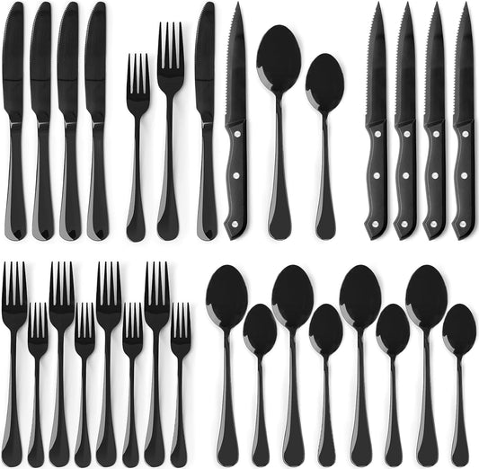 24-Piece Stainless Steel Silverware Set for 4 – Black Cutlery with Steak Knives